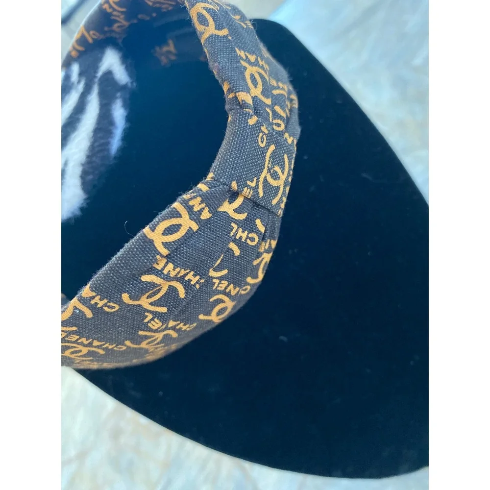 Brown Canvas Logo Print Knotted Headband Gold Tone Motif Accessory